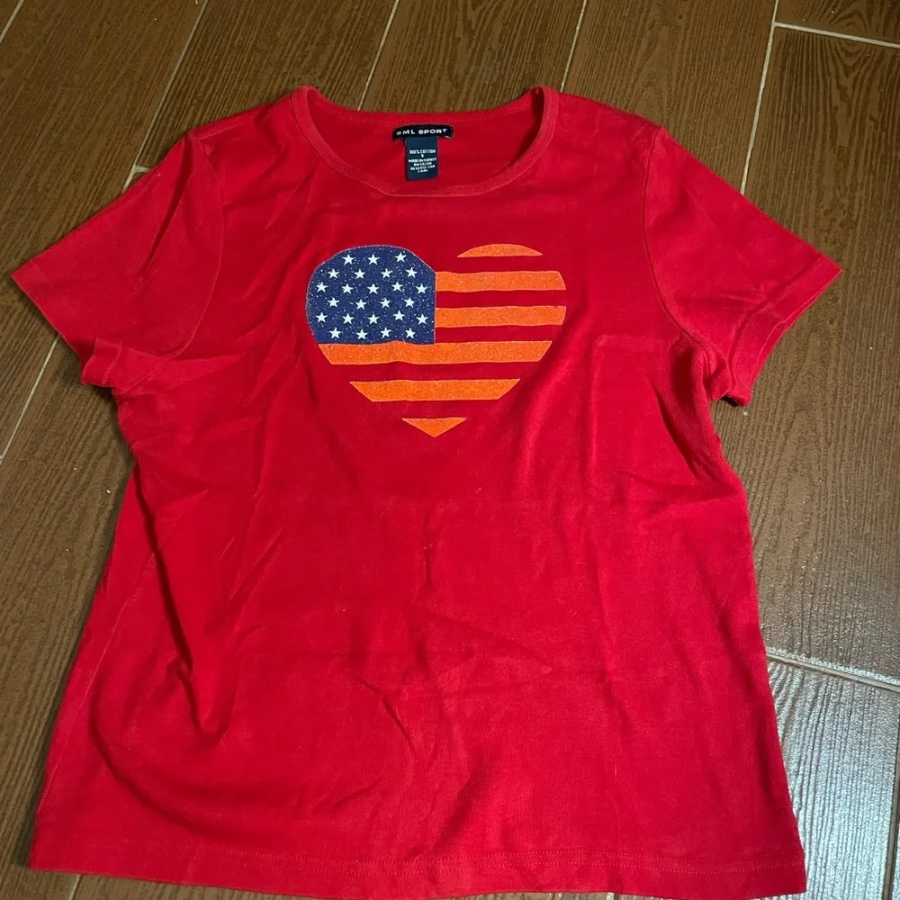 SML Sport red Stars Stripes heart tshirt cotton size small glitter graphic tee - Picture 5 of 12